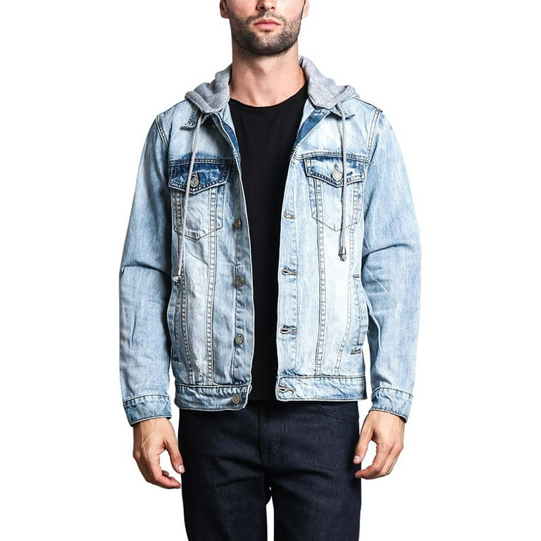 Victorious Men's Hoodie Layered Distressed Denim Jacket with Removable Hood  DK109 - ICE - 4X-Large