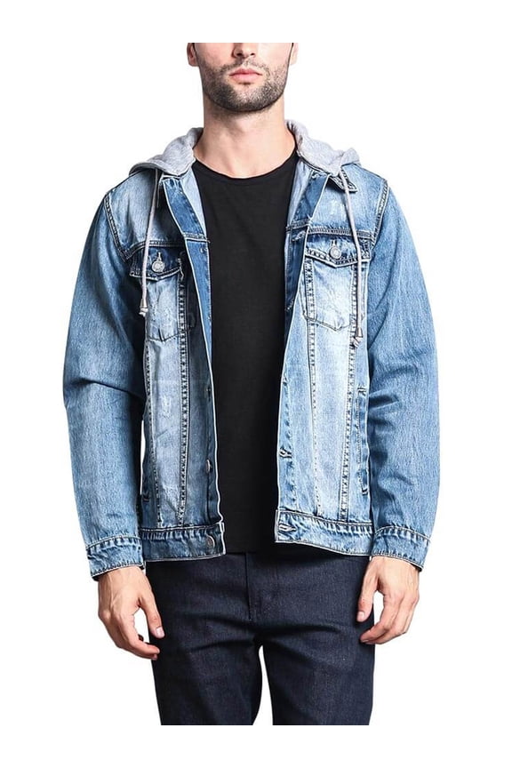 Victorious Men's Hoodie Layered Distressed Denim Jacket with Removable Hood DK109 - Indigo - 2X-Large