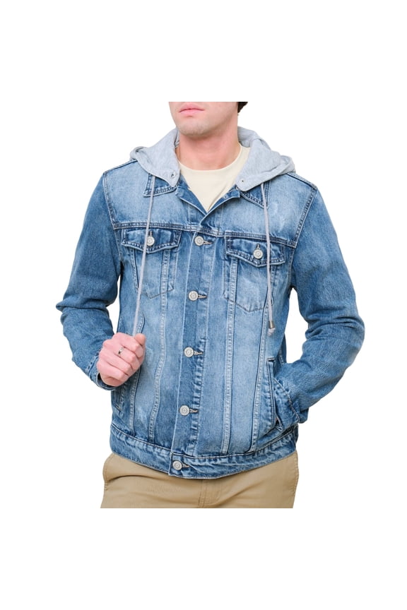 Victorious Men's Hoodie Layered Distressed Denim Jacket with Removable Hood DK109 - Indigo - Medium