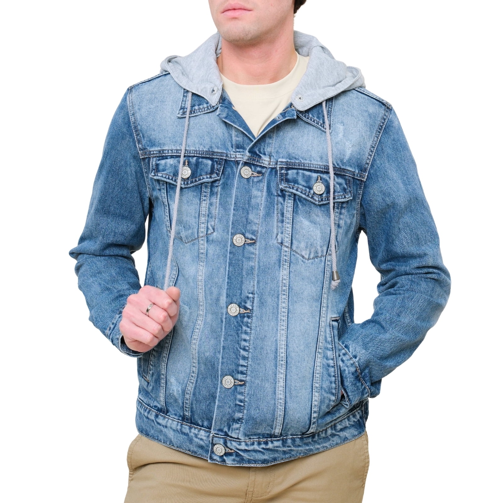 Victorious Men's Layered Hoodie Denim Jacket, Distressed Trucker