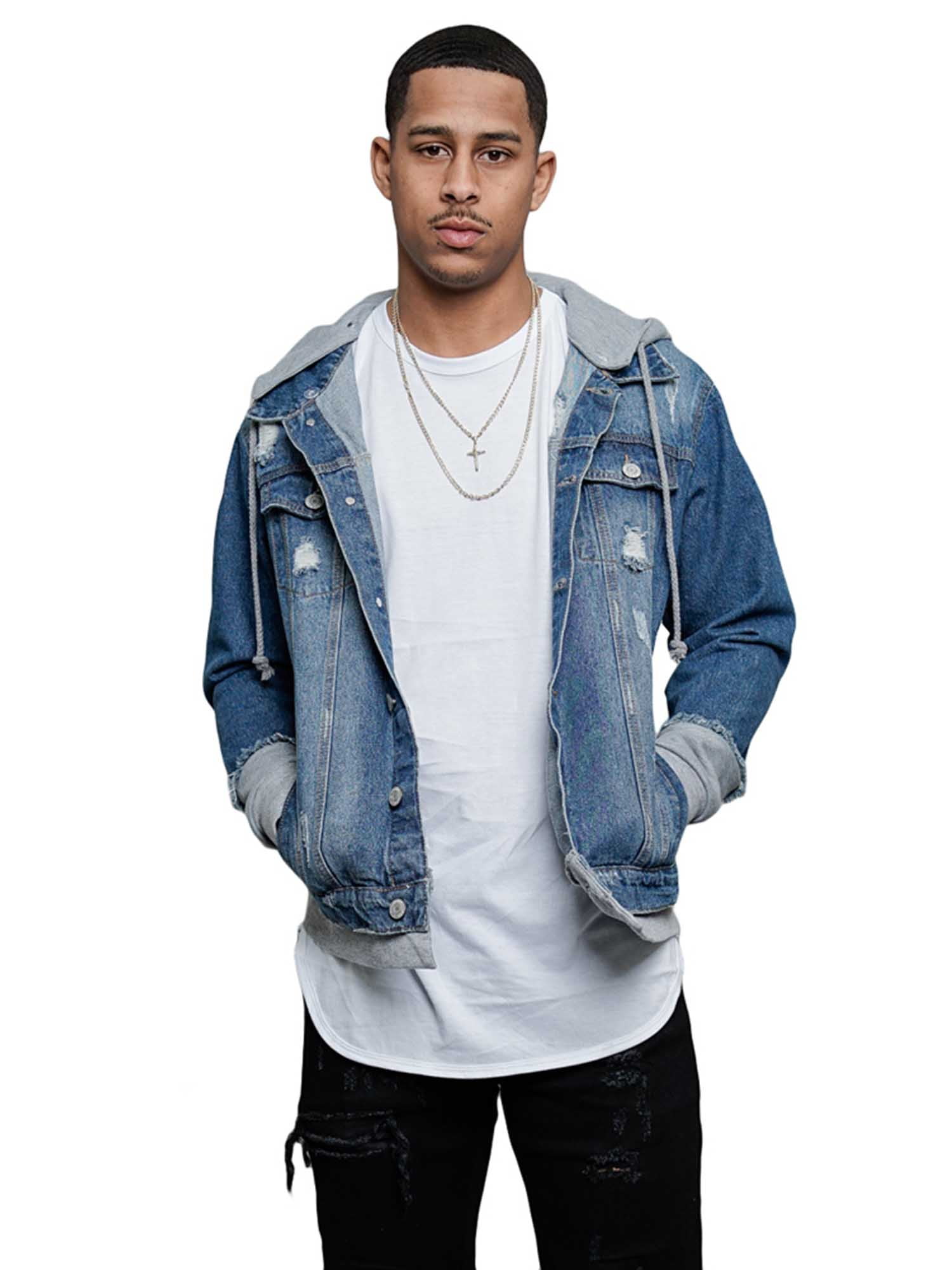 Victorious Men's Hoodie Layered Ripped Denim Jacket with Victorious Men's Hoodie Layered Ripped Denim Jacket with