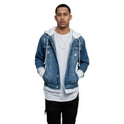 Victorious Men's Hoodie Layered Ripped Denim Jacket with Removable Hood DK140 - Indigo/White - Large