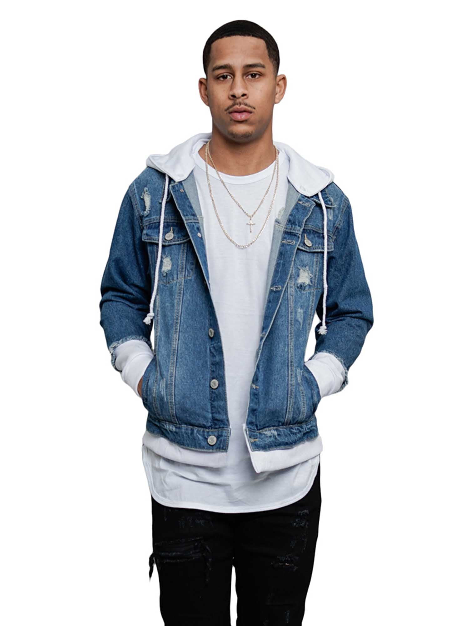 Victorious Men's Hoodie Layered Ripped Denim Jacket with Removable Hood  DK140 - Indigo/White - Small