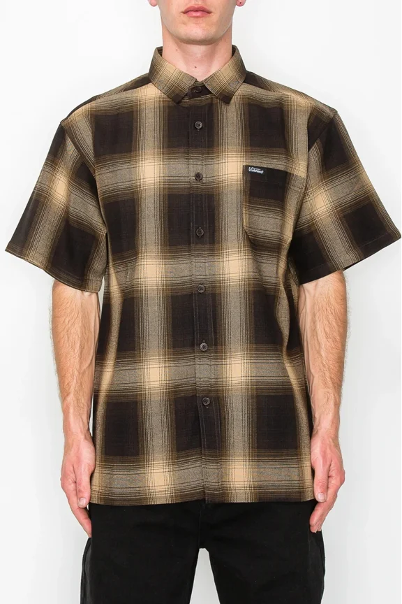 Men's Old School Plaid Flannel Short Sleeve Shirts VSS30 - BROWN - LRG