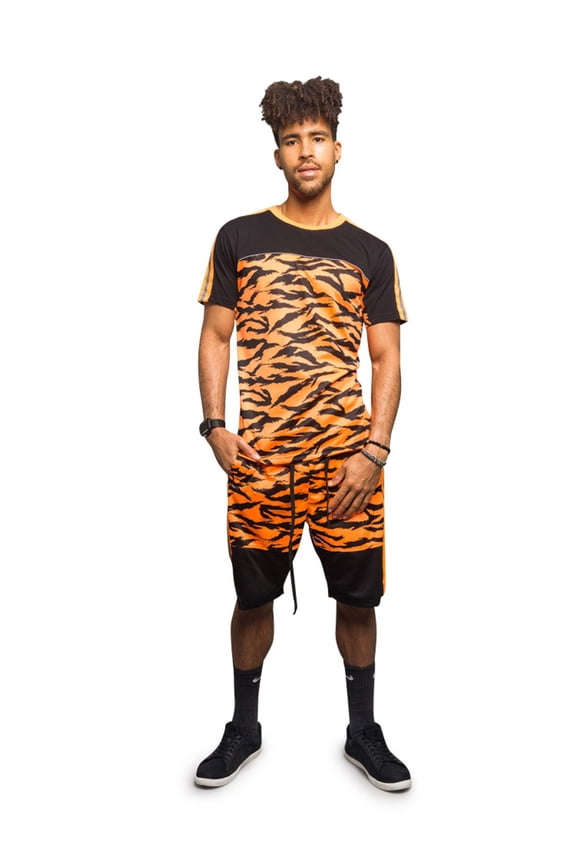 Victorious Men's Reflective Band Tige Stripe Pattern Short Sleeve Top and Shorts Tracksuit Set - Neon Orange - 2X-Large