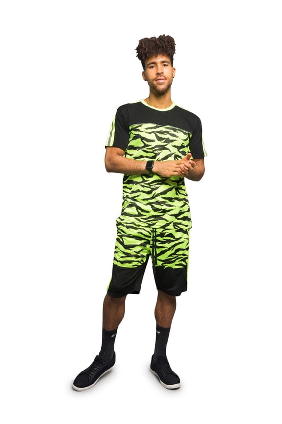 Victorious Men's Reflective Band Tige Stripe Pattern Short Sleeve Top and Shorts Tracksuit Set - Neon Yellow - 3X-Large