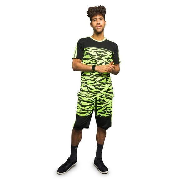 Victorious Men's Reflective Band Tige Stripe Pattern Short Sleeve Top and Shorts Tracksuit Set - Neon Yellow - X-Large