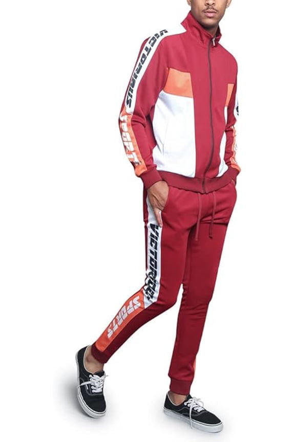 Men's Sport Tri Color Lettered Sleeve Outseam Track Suit ST563 - Burgundy - X-Large - T9I
