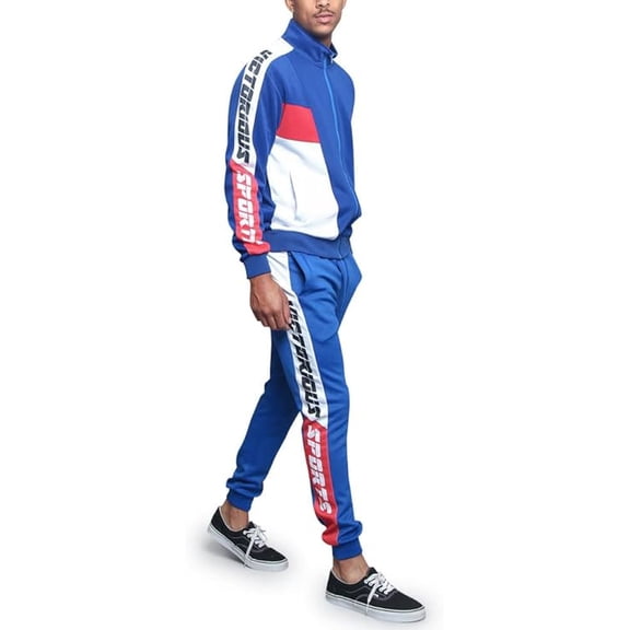 Victorious Men's Sport Tri Color Lettered Sleeve Outseam Track Suit ST563 - Royal Blue - Large - T9I