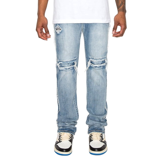 Victorious Men's Stacked Fit Raw Edge Distressed Denim Jeans DL1483 Indigo 32