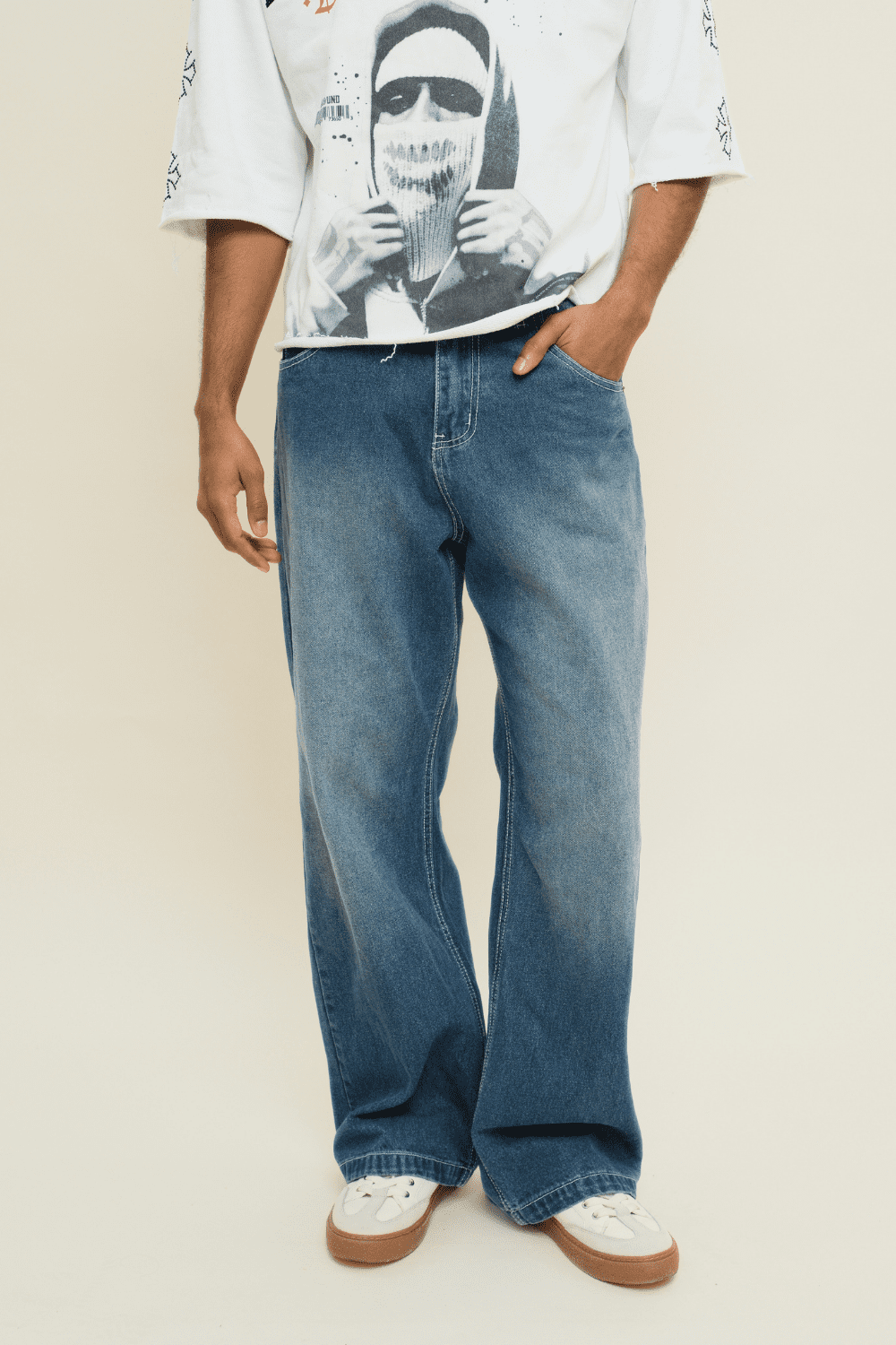 Victorious Men's Baggy Wide Denim Jeans, Grey, Comfortable and