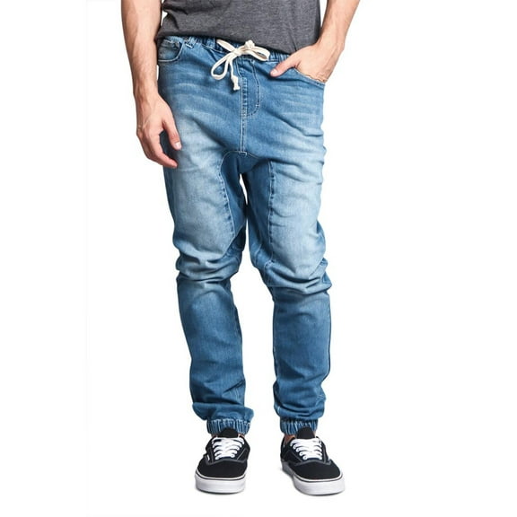 Victorious Mens Drop Crotch Jogger Denim Pants JG803 - Light Indigo - Large