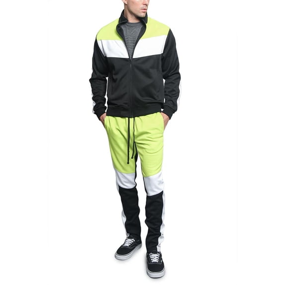 Victorious Tri Colorblocked Striped Outseam Sleeves Zipper Drawstring Fashion Workout Track Suit ST553 - Frozen Yellow - 2X-Large