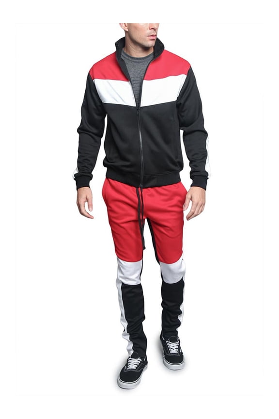 Victorious Tri Colorblocked Striped Outseam Sleeves Zipper Drawstring Fashion Workout Track Suit ST553 - Red - 2X-Large