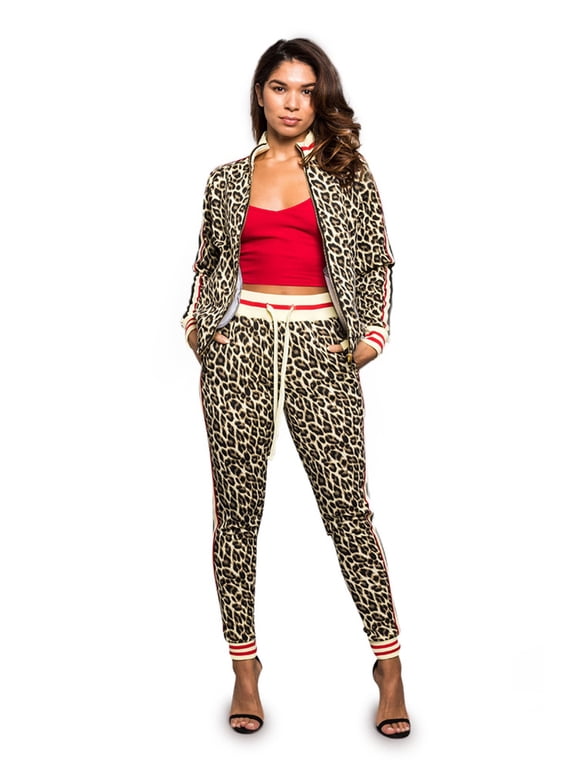 Victorious Women's Fierce Leopard 2 Piece Tracksuit Set - Sweatshirt Jacket and Sweat Pants VL210 - Brown - 2X-Large