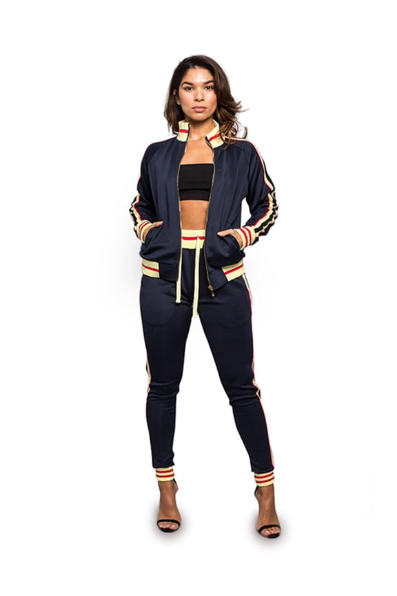 Victorious Women's G Track 2 Piece Tracksuit Set - Sweatshirt Jacket and Sweat Pants VL208 - Navy - Small