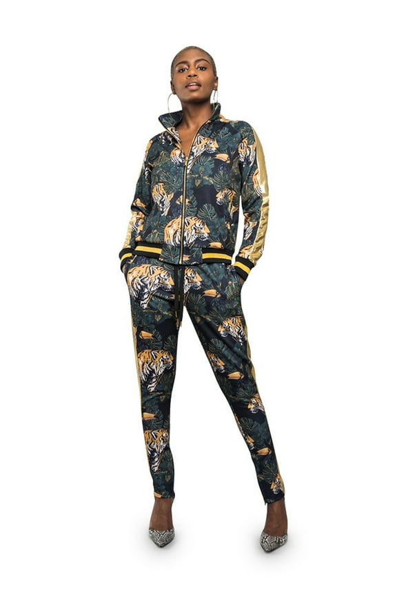 Victorious Women's Jungle Floral Tiger 2 Piece Tracksuit Set - Sweatshirt Jacket and Sweat Pants VL207 - Black - Large