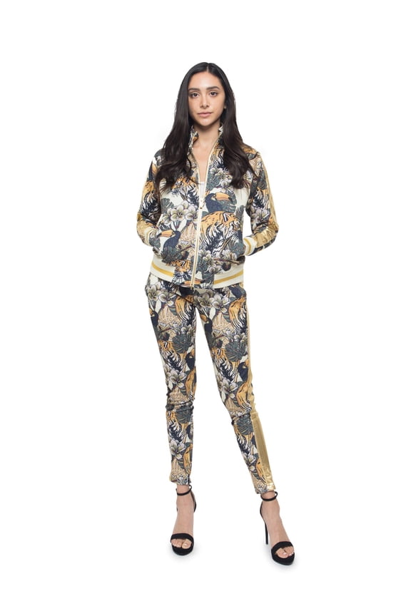 Victorious Women's Jungle Floral Tiger 2 Piece Tracksuit Set - Sweatshirt Jacket and Sweat Pants VL207 - Off-White - Small