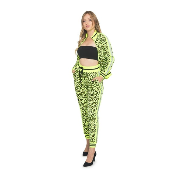 Victorious Women's Leopard ReflectiveBand 2 Piece Tracksuit Set - Sweatshirt Jacket and Sweat Pants VL212 - Neon Yellow - Large