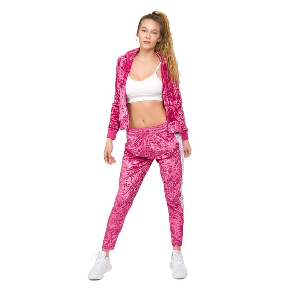 Victorious Women's Velour Velvet Tracksuit - Zipper Jacket and Sweatpants VL220 - Pink - Small