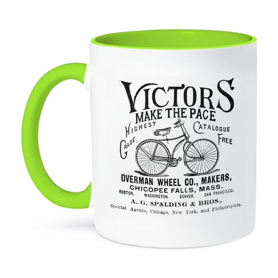 3dRose, Victors Bicycles black and white vintage, 15oz Two-Tone Green Mug
