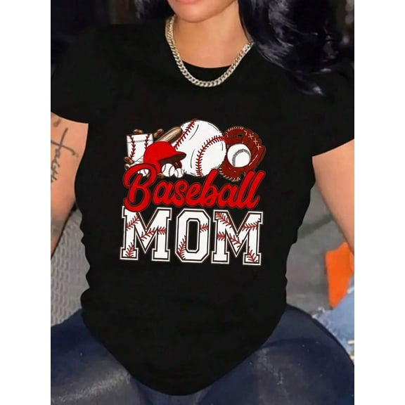 Victory Baseball Mom Print Women's Shirt Plus Size Casual Short Sleeve Breathable Soft For Daily Wear, 220g