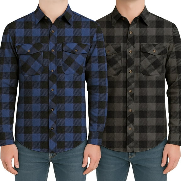 Victory Men's 100% Cotton Brushed Flannel Plaid Shirt with Corduroy Contrast - 2P(Grey Buffalo/Navy Buffalo) - XL