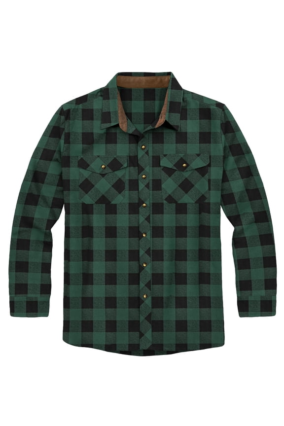 Victory Men's 100% Cotton Brushed Flannel Plaid Shirt with Corduroy Contrast - Forest - XXL