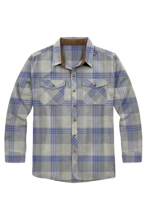 Victory Men's 100% Cotton Brushed Flannel Plaid Shirt with Corduroy Contrast - Grey Blue -XL