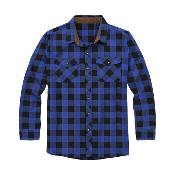 Victory Men's 100% Cotton Brushed Flannel Plaid Shirt with Corduroy Contrast - Royal - XXXL