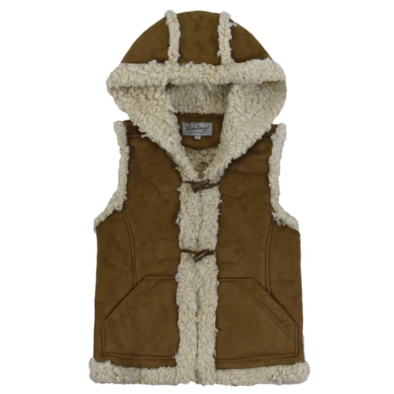 Victory Outfitters Girls’ Sherpa-lined Hooded Faux Suede Toggle Vest - Brown - L