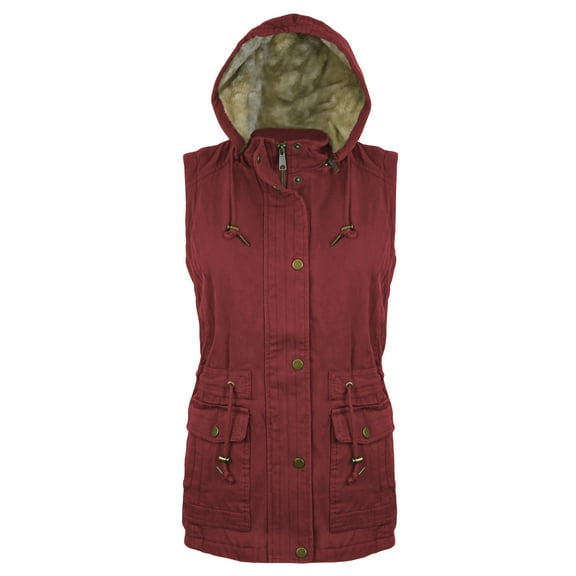 Victory Outfitters Ladies' Canvas Utility Vest Inner Sherpa Removable Hood - Burgundy - L