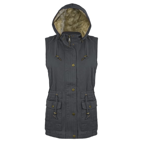 Victory Outfitters Ladies' Canvas Utility Vest Inner Sherpa Removable Hood - Charcoal - XL