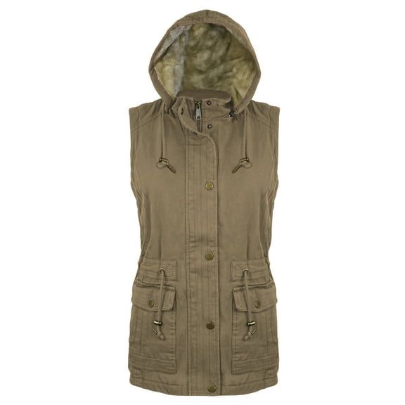 Victory Outfitters Ladies' Canvas Utility Vest Inner Sherpa Removable Hood - Khaki - L