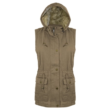 Victory Outfitters Ladies' Canvas Utility Vest Inner Sherpa Removable Hood - Khaki - M