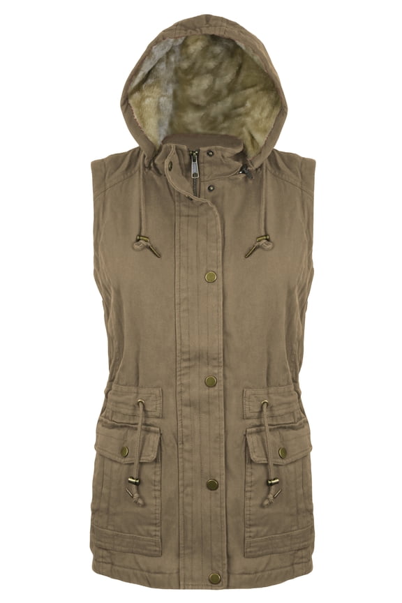 Ladies' Canvas Utility Vest Inner Sherpa Removable Hood - Khaki - S