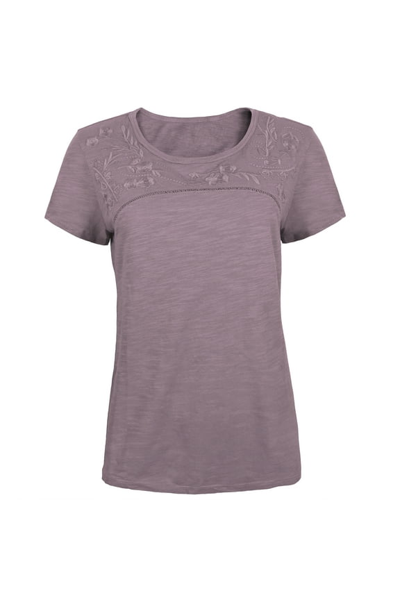 Ladies' Floral Detail Slub Knit Cotton Blend Scoop Neck T-Shirt - Lilac - Large