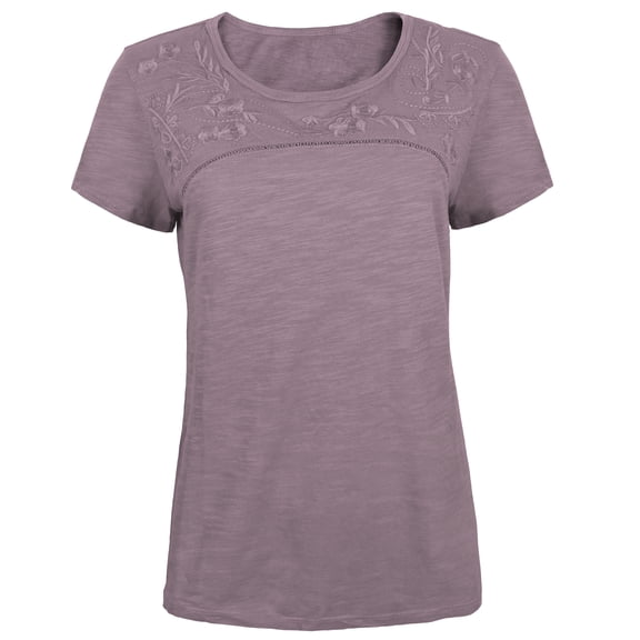 Victory Outfitters Ladies' Floral Detail Slub Knit Cotton Blend Scoop Neck T-Shirt - Lilac - Large
