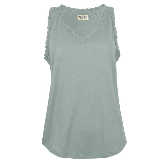 Victory Outfitters Ladies' Slub Knit Cotton Blend Ruffle Lace Hem Sleeveless V-Neck Top - Foam - XXL