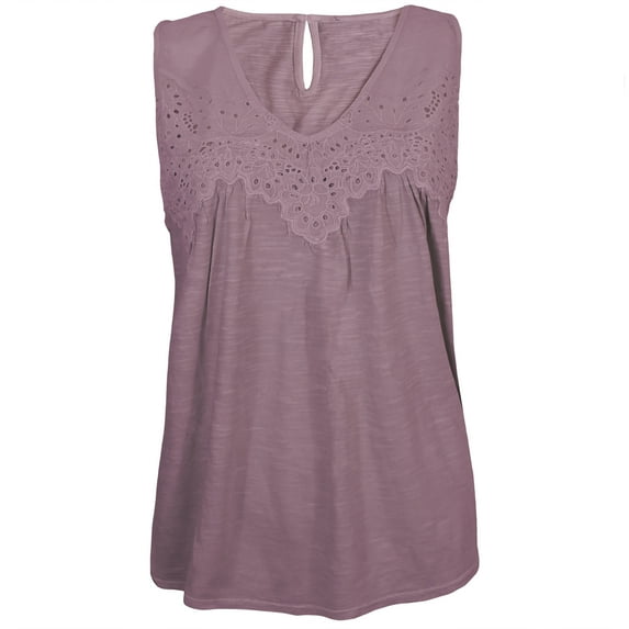 Victory Outfitters Ladies' Slub Knit V-Neck Applique Yoke Tank Top w/ Keyhole Back - Lilac - 2X