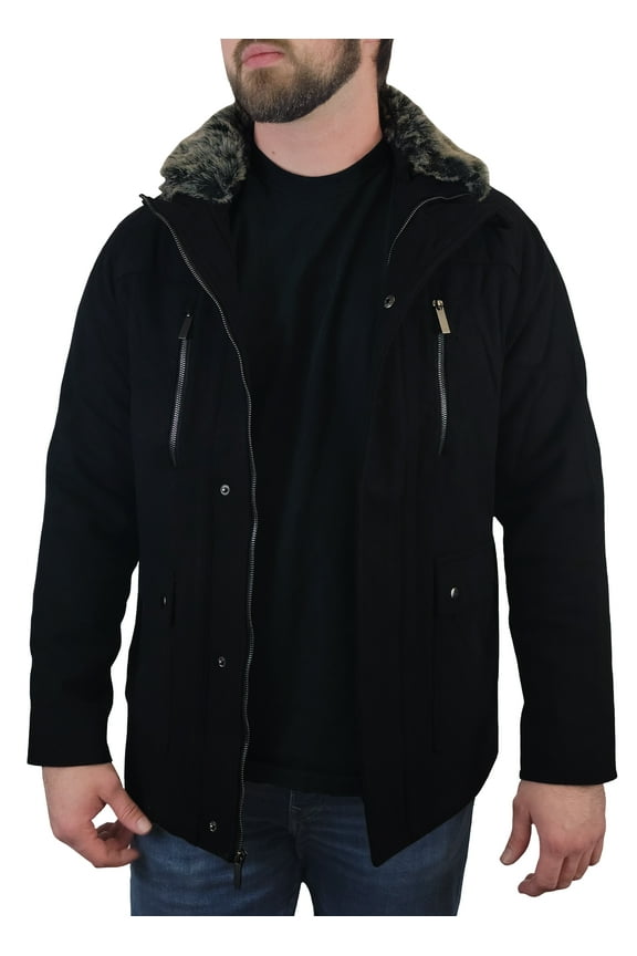 Men's Detachable Faux Fur Collar Wool Blend Coat - Black - S
