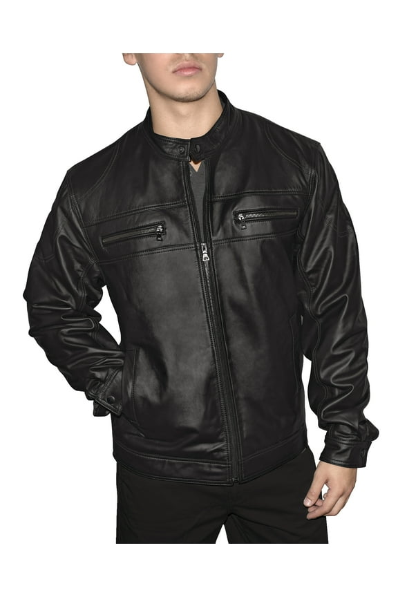 Victory Outfitters Men's Genuine Leather Multi Pocket Racing Jacket - Black - S