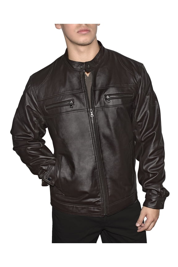 Victory Outfitters Men's Genuine Leather Multi Pocket Racing Jacket - Brown - M