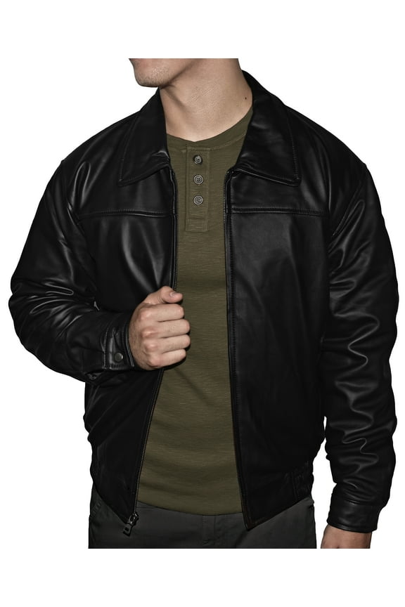 Men's Genuine Quilted Lined Leather Banded Bottom Jacket - Black - XL