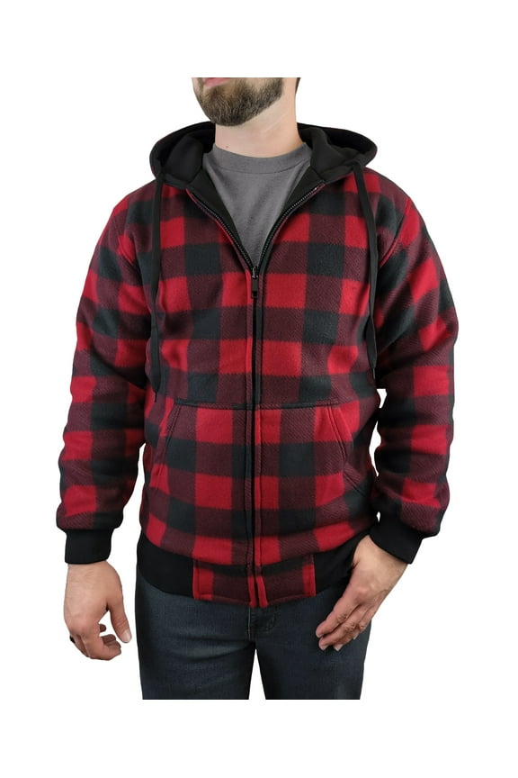 Men's Reversible Hooded Buffalo Plaid Fleece Jacket - BLK/RED - XXL