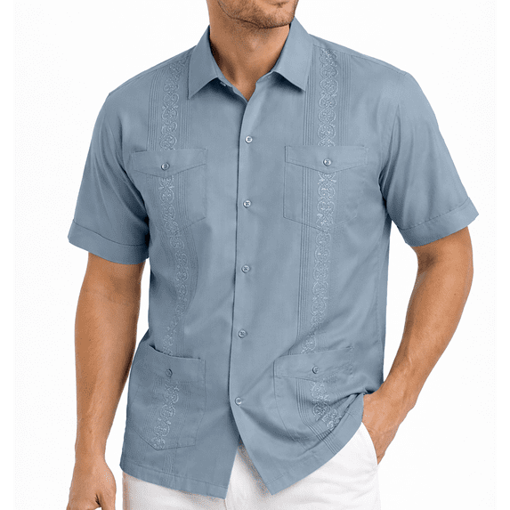 Victory Outfitters Men's Short Sleeve Button Up Guayabera Shirt - Blue - M