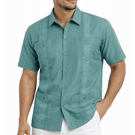 Victory Outfitters Men's Short Sleeve Button Up Guayabera Shirt - Oil Blue - 3XL