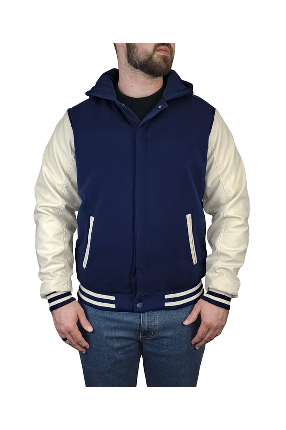 Victory Outfitters Men's Varsity Hooded Reversible Fleece Jacket with Faux Leather Sleeve