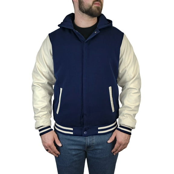 Victory Outfitters Men's Varsity Hooded Reversible Fleece Jacket with Faux Leather Sleeve