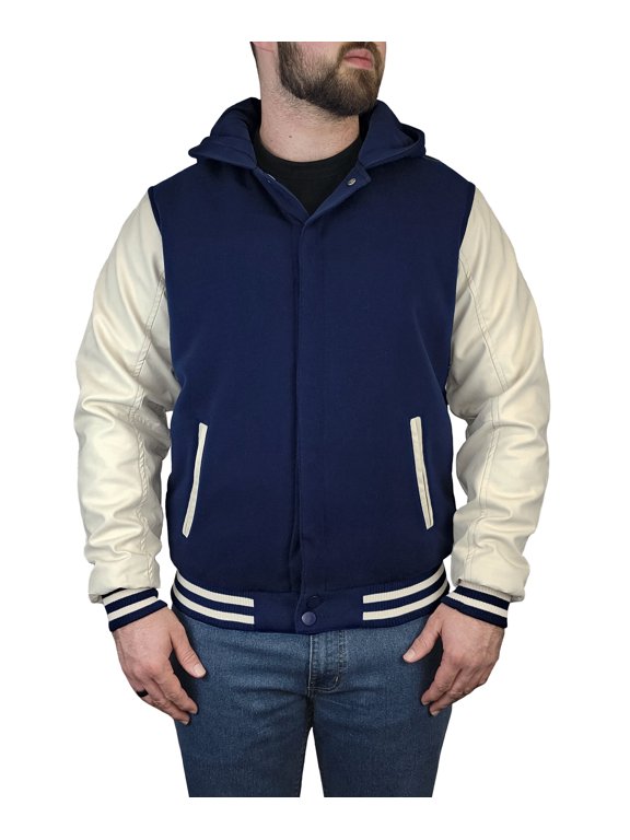 Victory Outfitters Men's Varsity Hooded Reversible Fleece Jacket with Faux Leather Sleeve